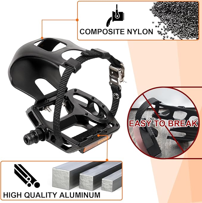 Bucklos Bike Pedals with Toe Cages and Straps - Bicycle Toe Clips Cage Compatible with Road Bike/Peloton/Mountian Bikes/MTB - Toe Clip Pedal for Wide Shoes Indoor Outdoor Cycling