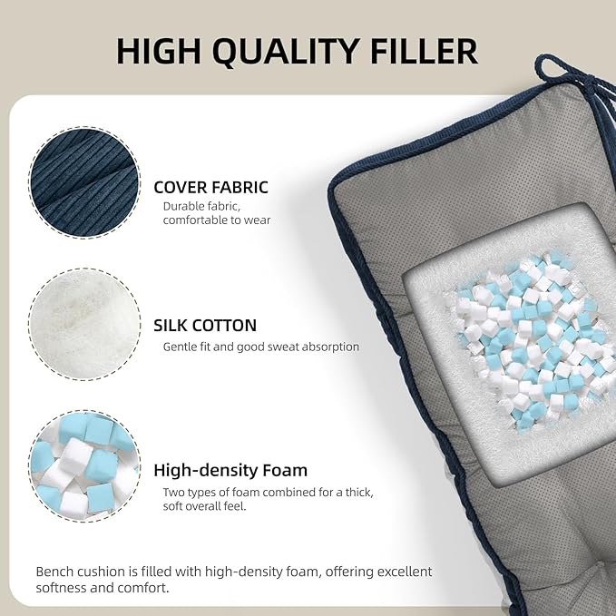 Detiblue Bench Cushion for Indoor Furniture，48x16x4Inch Tufted Bench Seat Cushion with Non-Slip, Comfortable and Durable for Shoe/Entryway/Storage with Cushion（Elita Deep Blue）