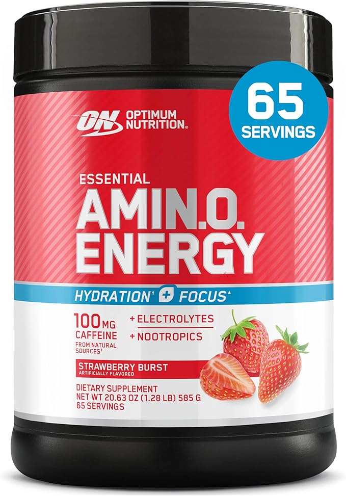 Optimum Nutrition Amino Energy Powder Plus Focus, with BCAA, Electrolytes, and Caffeine, Strawberry Burst, 65 Servings (Packaging May Vary)