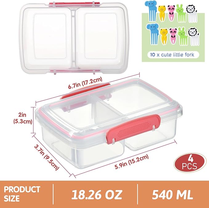 4 Pack Plastic Snack Containers with Lids, 2 Compartment Food Container for Kids Snack Box, Travel Bento Lunch Containers with forks for Fruits/Candies, Divided Food Storage Containers for School