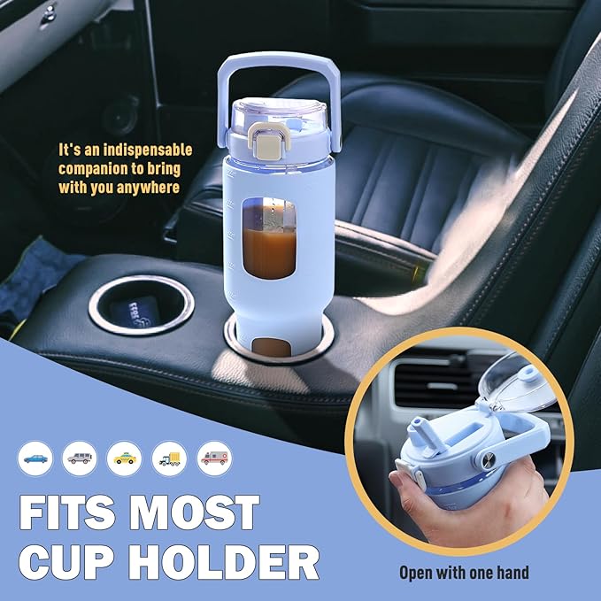 BLUEGO 32oz Glass Tumbler with Lid and Handle, Iced Coffee Cup with Straws, Glass Water Bottle with Silicone Sleeve and Volume, Marker Glass Cup with Time Marking, BPA Free, Blue