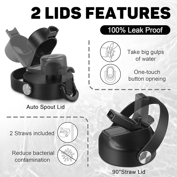 Water Bottle 40oz, Insulated Water Bottle with Handle & Straw Lids, Stainless Steel Water Bottle Fits in Any Car Cup Holder, Travel Cup Double Wall BPA-Free Leak-proof to Keep Cold &Hot