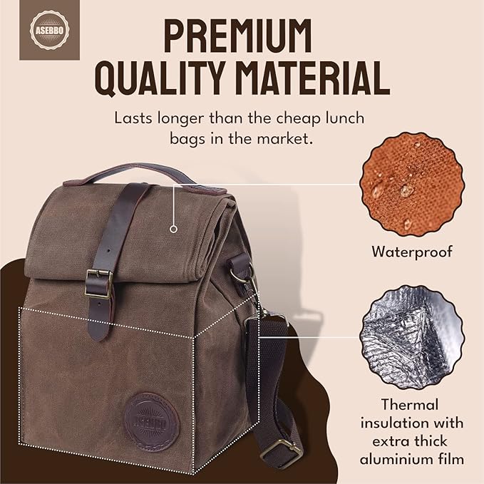 Insulated Lunch Bag 10L Sturdy Waxed Canvas Lunch Box for Men and Women, Leakproof Insulated Cooler Bag for Work Picnic Hiking, Lunchbox for Adults with Shoulder Strap (Brown)