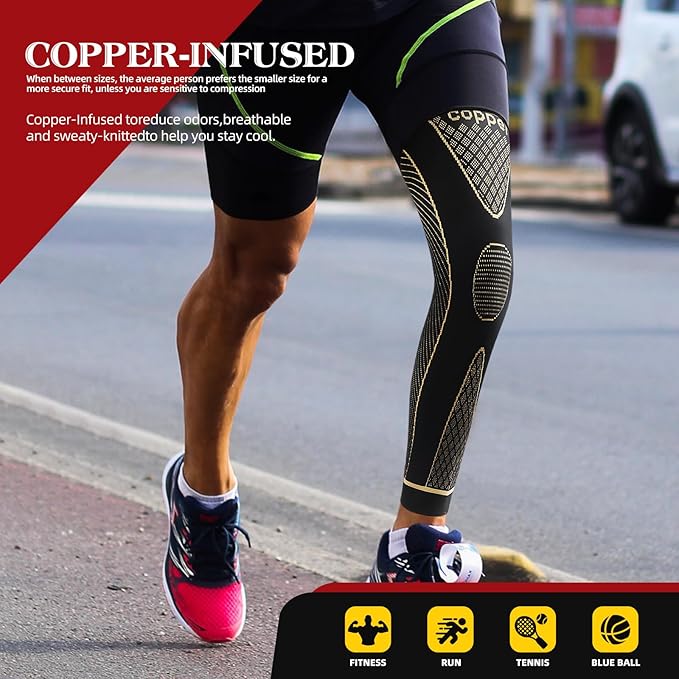 SKDK Copper Full Leg Compression Sleeves - Protect Legs for Men & Women, Basketball, Cycling, Football, Arthritis Support, Reduce Varicose Veins & Swelling