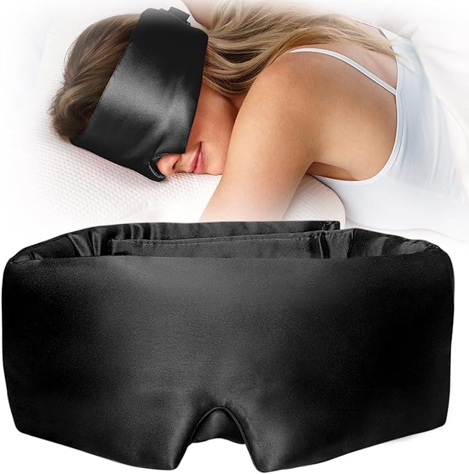YFONG 100% Mulberry Silk Sleep Mask, Total Blackout Eye Mask for Women & Men, 22 Momme 6A Grade Silk with Adjustable Band Designed for Side Sleeper Black