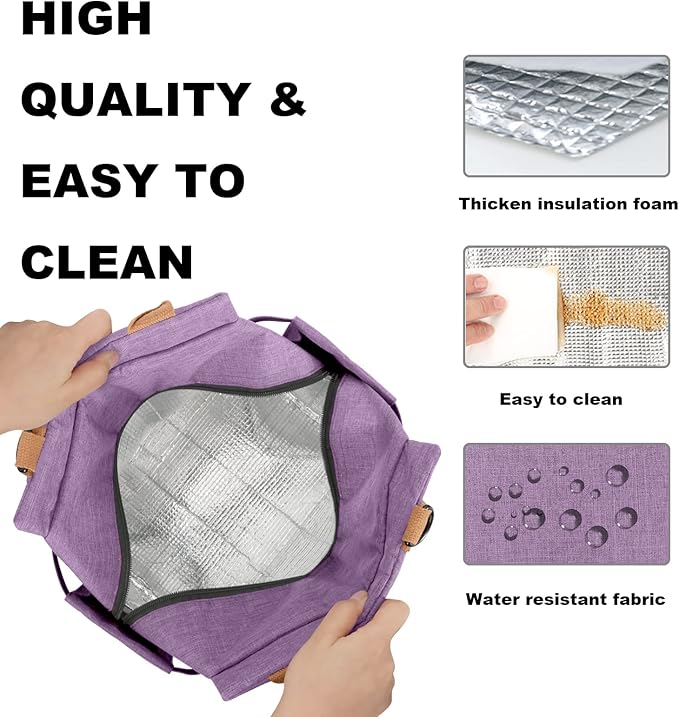 Joymee Lunch Bag Women Insulated Lunch Box with Adjustable Shoulder Strap Large Reusable Leakproof Spacious Cooler Tote for Women Men Adult with Bottle Holder and Side Pockets - Purple