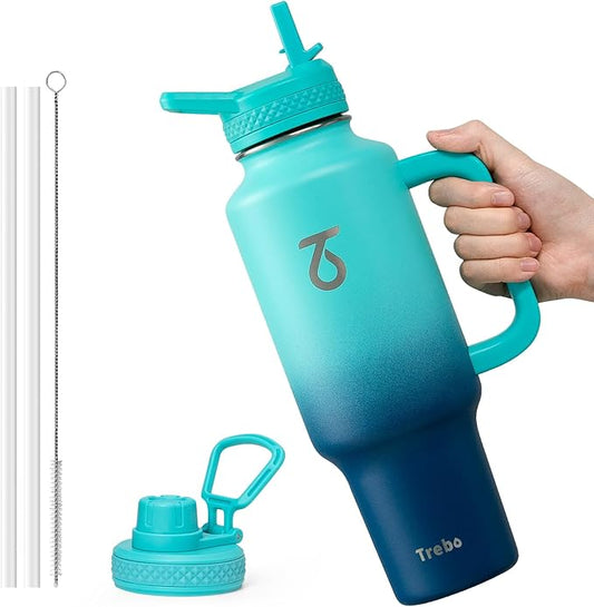 Trebo 40 oz Water Bottle Insulated Fit Car Cup Holder with Handle, Stainless Steel Retro Bottles Tumbler with Straw Lids, Vacuum Double Wall,Keep 24hrs Cold,Leakproof Reusable Travel Flask