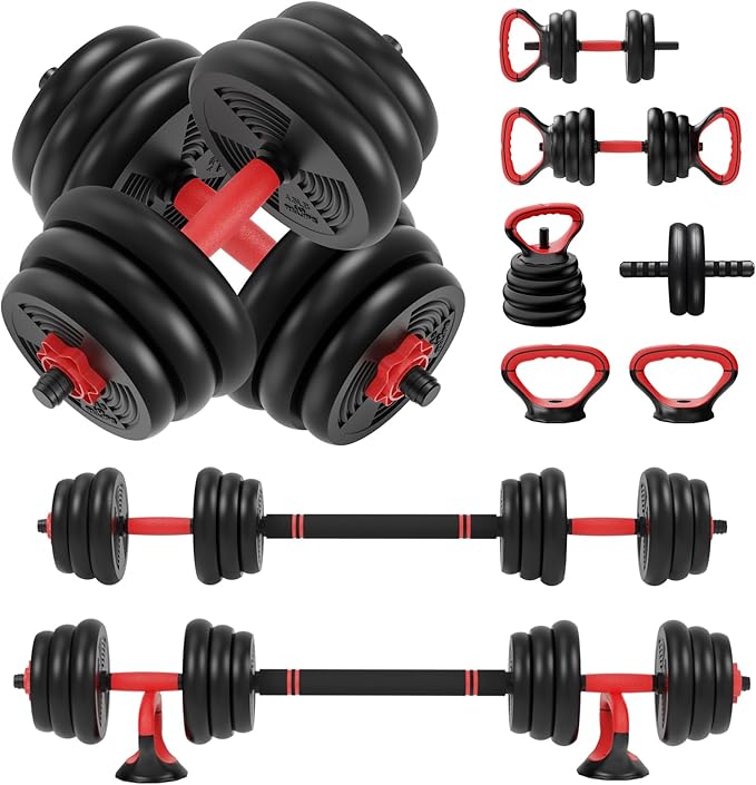 RELIFE REBUILD YOUR LIFE Adjustable Dumbbells Set 6 in 1 Weight Set Dumbbell Barbell Kettlebells, Push-up, Push up Stand and Ab roller for Workout Home Fitness Equipment
