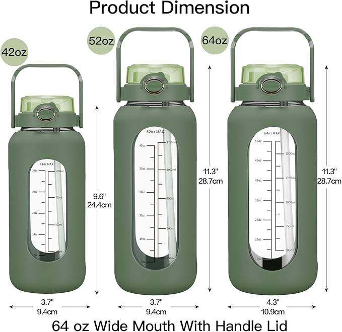 64oz Glass Water Bolttles with Straw Half Gallon Large Motivational Water Bottle with Time Marker Sports Water Bottles with Silicone Sleeve and Handle Lid Water Jug for Gym Workout