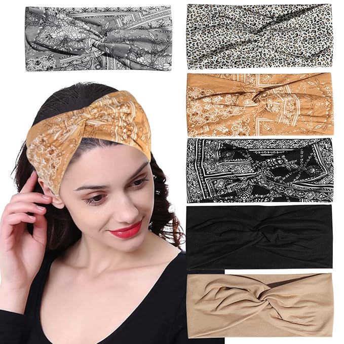 Artilady 6 Pack Boho Headbands for Women - Wide Bandana Headband Non Slip Stretchy Cheetah Paisley Print Turban Headwarp Twisted for Girls