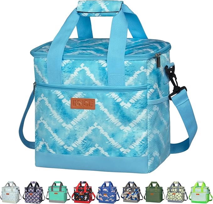 Iknoe Large Cooler Bag Collapsible, Insulated Bags Leakproof Lunch Cooler Tote with Multi-Pockets for Adult, Insulated Lunch Box for Beach, Picnic, Work, Blue White 24-Can (15L)