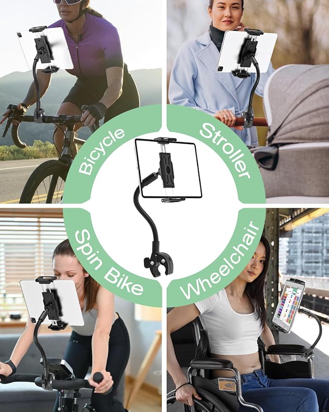 Gooseneck Handlebar Tablet Holder for Bicycle/Treadmill/Stroller, Wheelchair Tablet Mount with Flexible Arm for iPad Pro/Air/Mini, Galaxy, 6.1-15.6" Devices and Thickness Cases [Up to 1.18"]