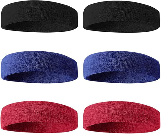 BEACE Sweatbands Sports Headband for Men & Women - 6PCS Moisture Wicking Athletic Cotton Terry Cloth Sweatband for Tennis, Basketball, Running, Gym, Working Out