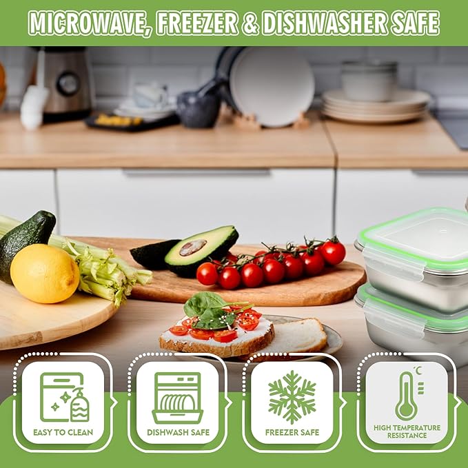 5 Pack Sandwich Containers, 24oz Stainless Steel Sandwich Box with Airtight Lids, Reusable Metal Meal Prep Lunch Boxes, BPA-Free, Dishwasher Safe, Food Storage Containers for Families (Green)