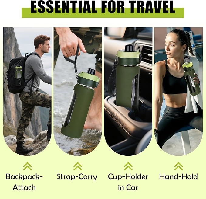 ANOTION 24OZ Glass Water Bottle, Large Sports Water Bottle with Dual-Drink Lid Clear Leakproof Glass Bottles with Straw, Motivational Jug with Silicone Sleeve and Time Marker for Travel Gym-Green