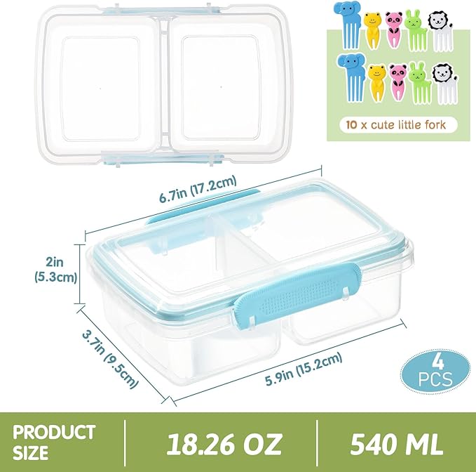 4 Pack Plastic Snack Containers with Lids, 2 Compartment Food Container for Kids Snack Box, Travel Bento Lunch Containers with forks for Fruits/Candies, Divided Food Storage Containers for School