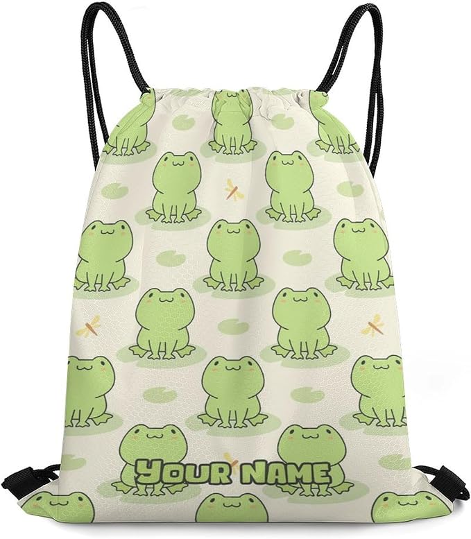 Custom Frog Drawstring Backpack - Cute Cinch Sack, String Backpacks with Pocket for Kids Women Men Boys Girls for Gym Outdoor Sports Travel Athletic Drawstring Bag - Lightweight/Foldable