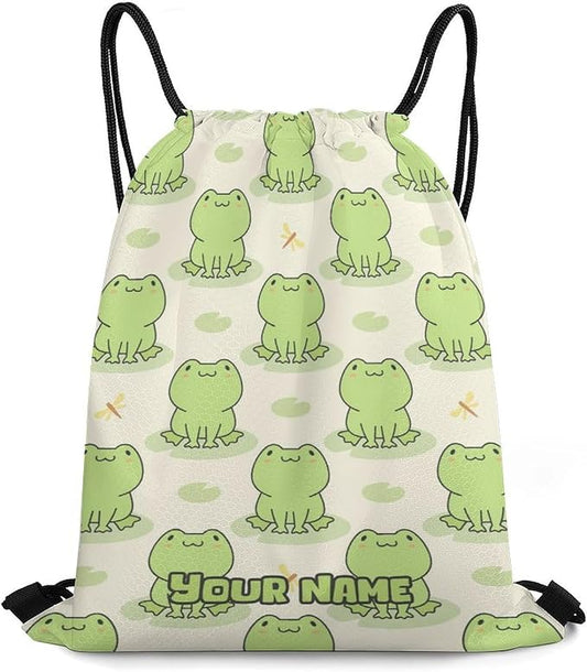 Custom Frog Drawstring Backpack - Cute Cinch Sack, String Backpacks with Pocket for Kids Women Men Boys Girls for Gym Outdoor Sports Travel Athletic Drawstring Bag - Lightweight/Foldable