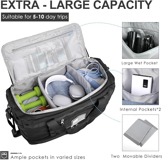 ETRONIK Travel Bag for Men Women, Gym Bag & Tactical Duffle Bags for Travel, Carry on with Toiletry Bag and Shoe Compartment, Weekender Overnight Trip with Wet Pocket for Workout Medical, Black