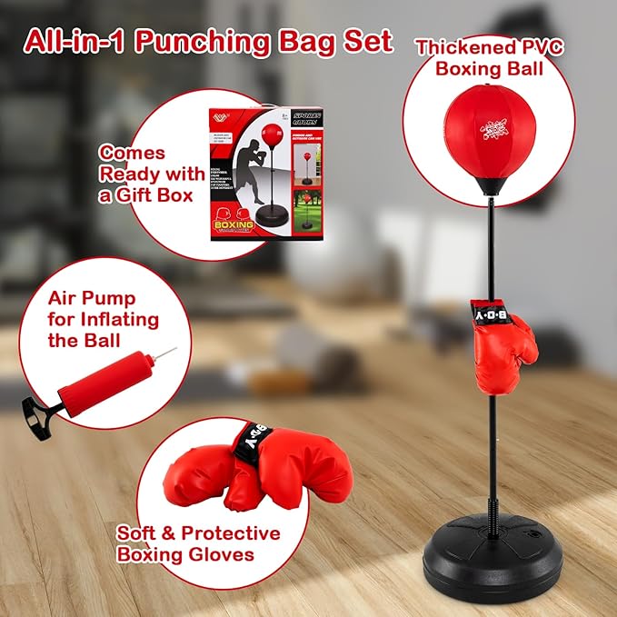 Goplus Punching Bag for Kids, Height Adjustable Kids Workout Equipment with Boxing Stand, Boxing Gloves, Inflator for Teens Adults Boys & Girls Aged 8+, Reflex Bag for Christmas Birthday