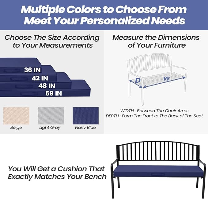 Crestlive Outdoor Bench Cushion 48 x 18 Inch, Waterproof Patio Furniture Cushions, Fade-Resistant Porch Swing Replacement Pad, Adjustable Straps and Handle, Navy