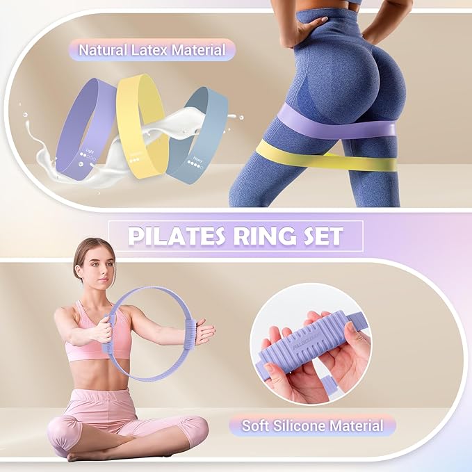 Pilates Essentials Kit for Women, 13.5" Pilates Ring and Ball Set with Resistance Bands for Home Workouts, Portable Pilates Kit with Bag & Training Poster for Full Body Exercise