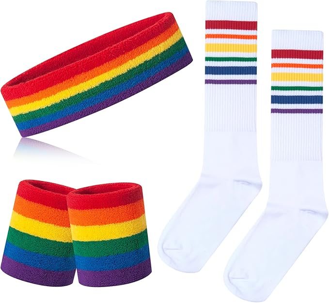 ONUPGO 5 Pieces Sweatbands Striped Socks Set Sports Headband Wristbands High Tube Socks 80s Accessories Costumes