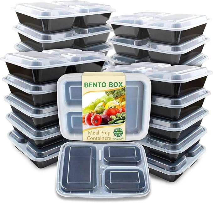 Enther Meal Prep Container 20 Pack 3 Compartments with Lids Food Storage Bento Box BPA Free/Reusable/Stackable Lunch Planning, Microwave/Freezer/Dishwasher Safe, Portion Control 36oz