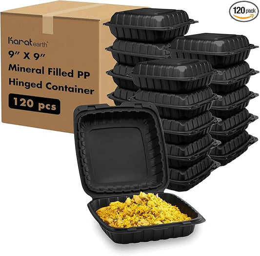 KARAT EARTH Clamshell Take Out Food Containers [9"x9" - 120 ct] To Go Containers | Microwavable, Freezer Safe, Soak-Resistant, Durable, Stackable | Vented for Hot/Cold Foods, Black