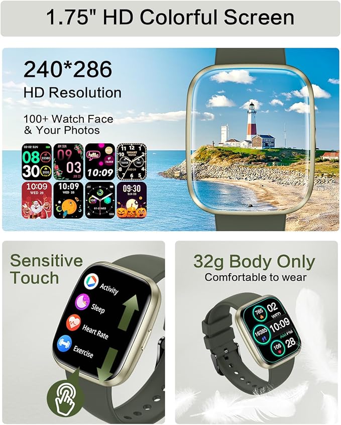 Smart Watches for Men/Women, 1.75" Bluetooth Call, AI Voice Smartwatch, 24/7 Heart Rate Monitor, Blood Pressure/SpO2/Sleep Tracker, IP68 Waterproof, 100+ Sports Fitness Tracker for Android iOS Green