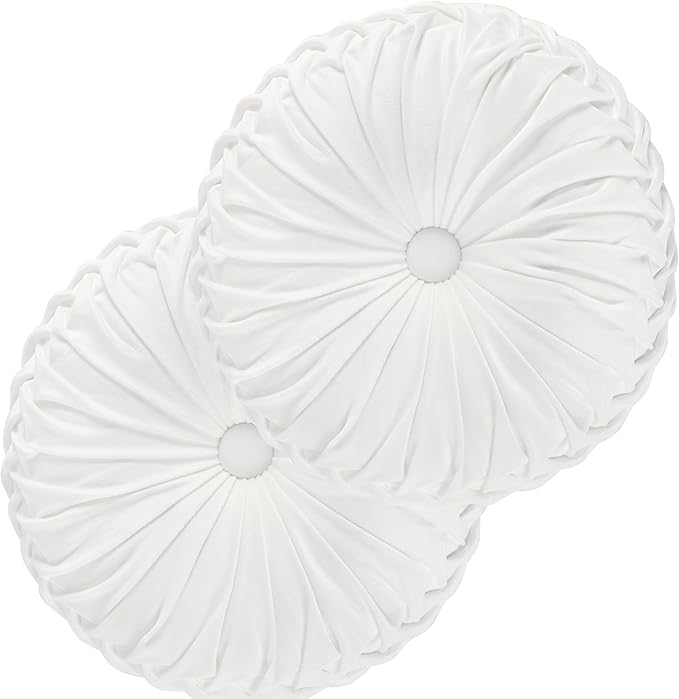 HIG Set of 2 Decorative Round Pleated Throw Pillows, Classy Accent Pumpkin Throw Pillows with Center Button, Vintage Velvet Floor Pillows for Sofa Vanity Chair Bed, White, 14.5" Diameter(Ripple)