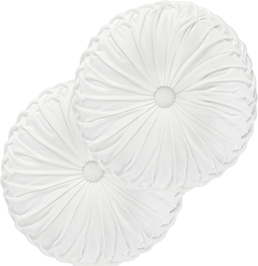 HIG Set of 2 Decorative Round Pleated Throw Pillows, Classy Accent Pumpkin Throw Pillows with Center Button, Vintage Velvet Floor Pillows for Sofa Vanity Chair Bed, White, 14.5" Diameter(Ripple)