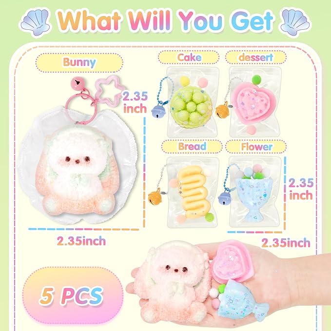 Squishies Toys Set 5PCS, Squeeze Toys Stuffed Bunny Cake Dessert Flower Sensory Fidget Toys for Anxiety Relief, Desk Sticky Toys Party Favors Birthday for Boys and Girls