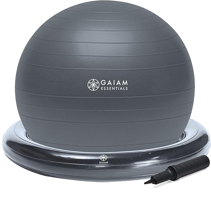 Gaiam Essentials Balance Ball & Base Kit, 65cm Yoga Ball Chair, Exercise Ball with Inflatable Ring Base for Home or Office Desk, Includes Air Pump