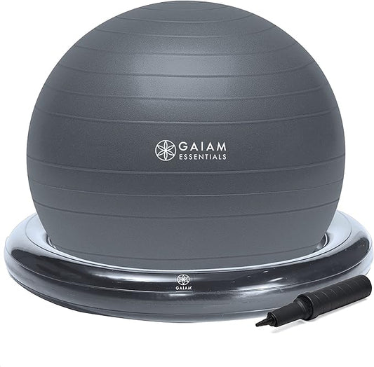 Gaiam Essentials Balance Ball & Base Kit, 65cm Yoga Ball Chair, Exercise Ball with Inflatable Ring Base for Home or Office Desk, Includes Air Pump