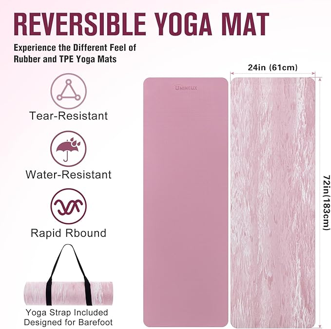 UMINEUX Extra Thick Yoga Mat, 2/5 Inch (10MM), Natural Rubber and TPE Non Slip Yoga Mats with Strap for Women Men, Eco Friendly Exercise Mat for Yoga, Pilates and Home Workout