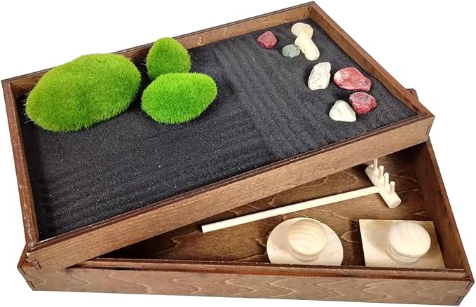 Wooden Stackable Zen Garden | Moonless Night Sand with Rake & Accessories | Minimalist Decor Gift for Relaxation