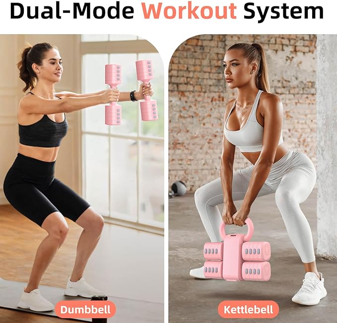 2-in-1 Adjustable Dumbbell Set, Upgraded 5 Levels Heavier Hand Weights for Women Men, Each 2.2/3.3/4.4/5.5/6.6lb, Convertible Weights Dumbbells and Kettlebell Set for Home Gym Exercise & Fitness