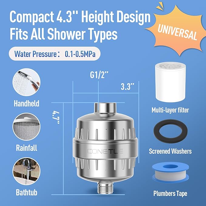 Heavy Duty Shower Filter, Shower Head Filter For Hard Water With High Output Kdf55 & Vitamin C, Chlorine & Heavy Metals Reduction System - 2 Replacement Cartridges, Suitable For Sensitive Skin