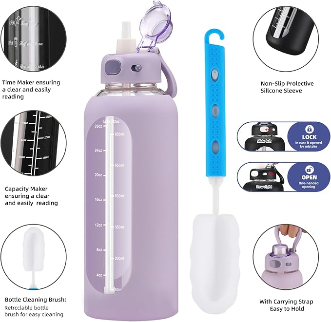 SIEROZUR 32 Glass Water Bottle with Straw and Handle Motivational Water Bottles with Silicone Sleeve and Time Marker Leakproof Borosilicate Water Bottle for Gym Home Office