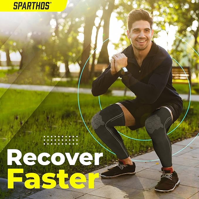 Sparthos Leg Compression Sleeves - Aid in Recovery and Support Active Lifestyle - Innovative Breathable Elastic Blend - Anti Slip, Day & Night Wear