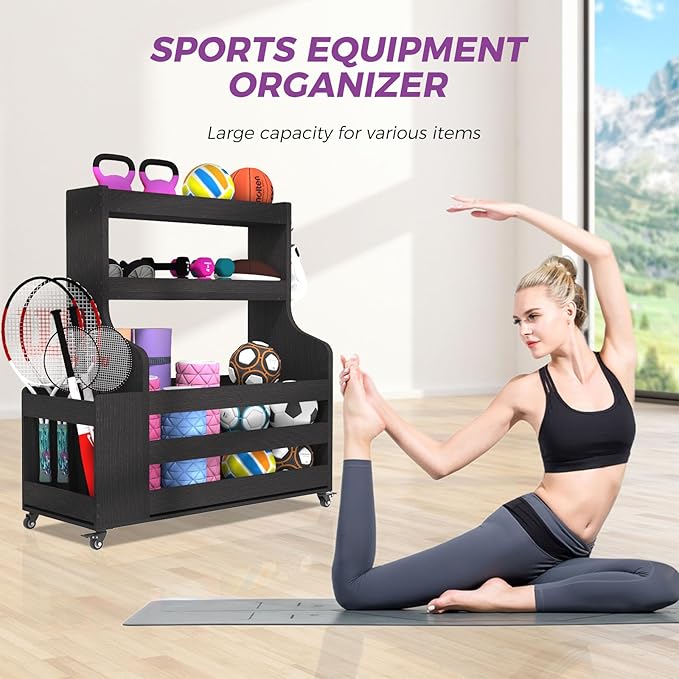 Weight Rack for Dumbbells, Home Gym Organizer Rack Yoga Mat Holder with Wheels and Hooks, All in One Workout Storage for Yoga Mat, Foam Roller, Gym Storage Storage for Home Exercise(Wood)