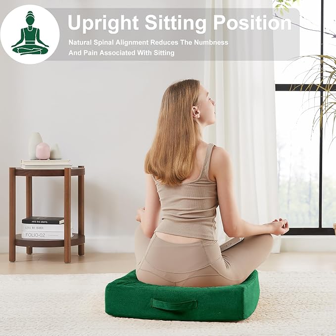 2 Pcs High Density Foam Floor Pillow - Upgraded Large Pillows Seating for Adults - Outdoor Floor Cushion with Soft Tufted Cover - Yoga Pillows for Sitting On Floor - 22 Inch Green