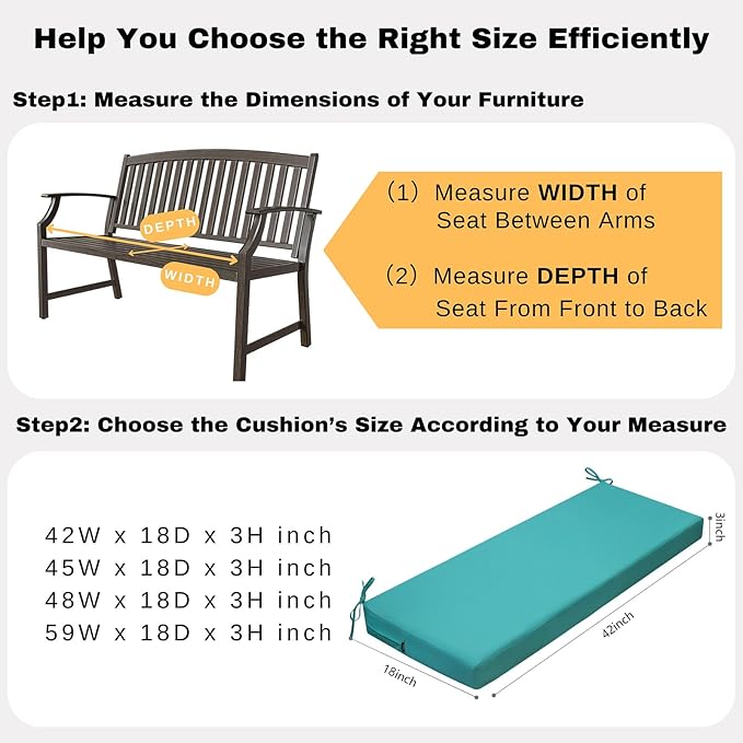 idee-home Outdoor Bench Cushion Waterproof, Bench Cushions for Outdoor Furniture, Patio Porch Swing Replacement Seat Pad with Ties for Garden Backyard, 42 x 18 Inch Peacock Blue