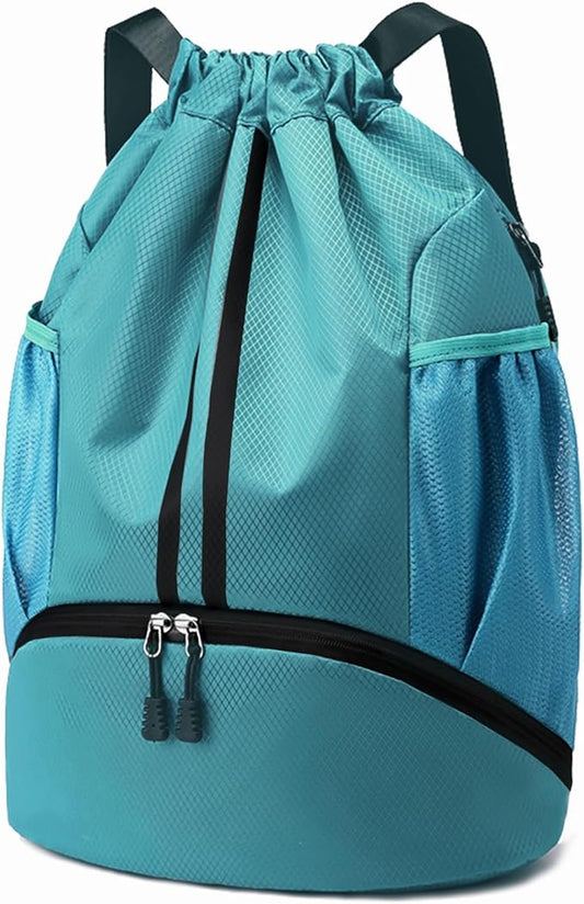 Hoedia Sports Drawstring Backpack - String Swim Gym Bag with Shoes Compartment and Wet Proof Pocket for Women/Men (Teal)