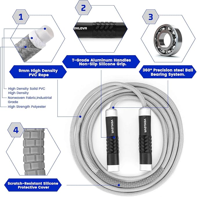 Weighted Rope - 1LB Heavy Jump Rope for Men Women Fitness Workouts, Non-Slip Aluminum Handles, Premium Skipping Rope for Exercise, Adjustable Length 9MM Solid PVC/Cotton Rope