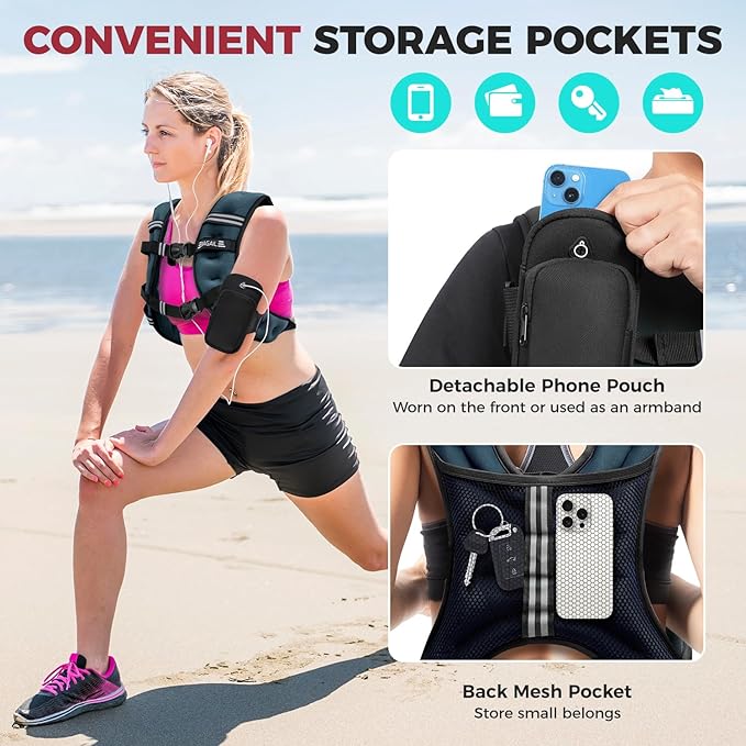 BAGAIL Weighted Vest, 5lbs/8lbs/10lbs/12lbs/15lbs/20lbs/25lbs/30lbs Weight Vest with Detachable Phone Pouch, Rucking Vest for Women, Men, Walking, Weight Loss, Training, Running