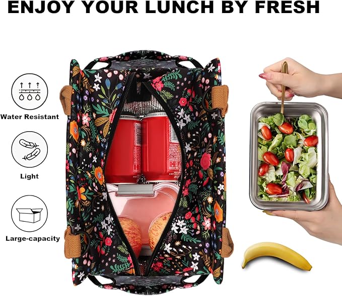 Joymee Lunch Bag Women, Leakproof Insulated Floral Lunch Box with Adjustable Shoulder Strap Large Reusable Adult Lunch Box Lunch Tote Lunch Bag with Water Bottle Holder and Side Pockets-Multi-Floral
