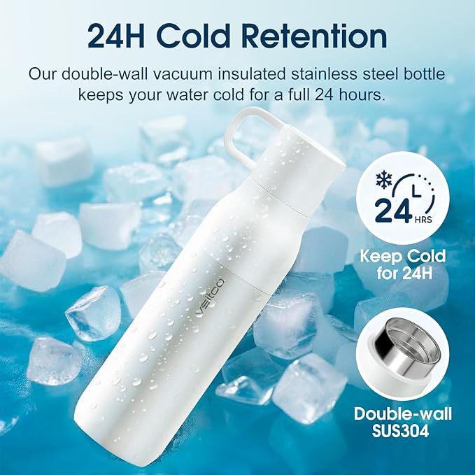 VSITOO 25oz Insulated Water Bottle With Filter for Travel ，316 Stainless Steel, BPA-Free,Reusable，Replaces 300 Plastic Water Bottles, Improves Taste, for Hiking, Cycling, Gym & Outdoor Use, White
