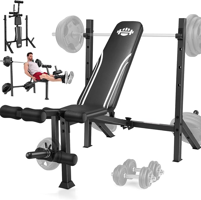 ANCHEER Weight Bench, 3 Sec Foldable Workout Bench with Squat Rack Leg Extension & Leg Curl, 900LBS Adjustable Bench Press for Home Gym, Standard Strength Training Bench